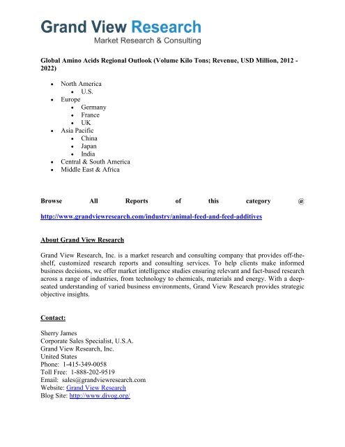 Amino Acids Market To 2022 - Industry Growth, Analysis: Grand View Research, Inc.