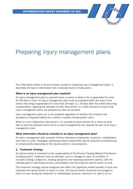 Preparing injury management plans - WorkCover Tasmania