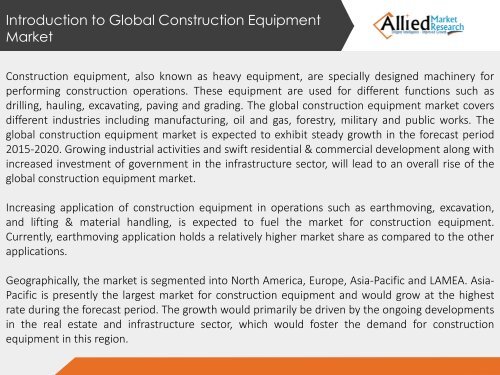 Global Construction Equipment Market Analysis, Size, Share, Growth, Trends and Forecast 2014 - 2020 