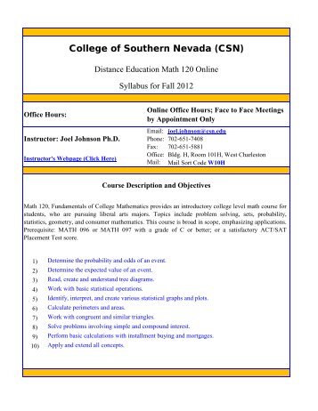 Distance Education Math 120 Syllabus - College of Southern Nevada