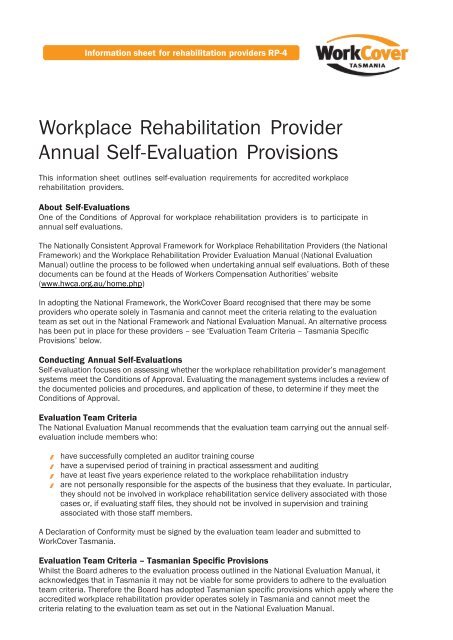 Workplace Rehabilitation Provider Annual Self-Evaluation Provisions