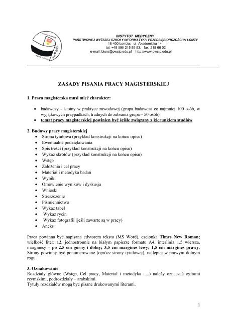 ZASADY PISANIA PRACY MAGISTERSKIEJ - PWSIiP w Łomży