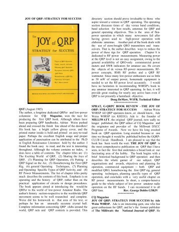 JOY OF QRP: STRATEGY FOR SUCCESS QST (August 1985) The ...