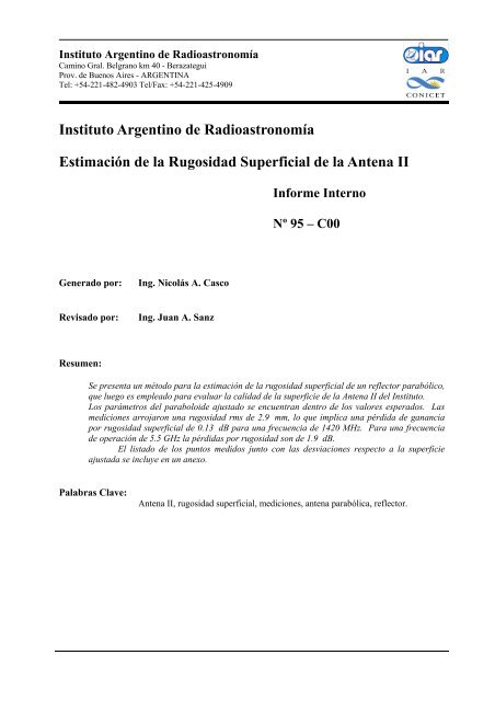 EstimaciÃ³n de la Rugosidad Superficial de la Antena II - Instituto ...