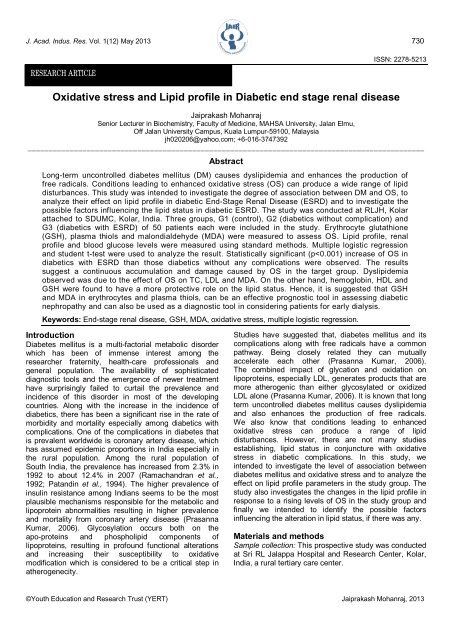 Oxidative stress and Lipid profile in Diabetic end stage renal disease