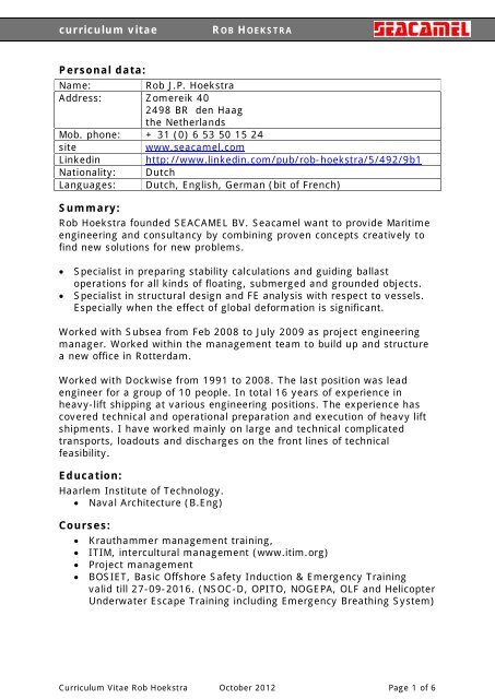 curriculum vitae Personal data: Summary: Education ... - seacamel