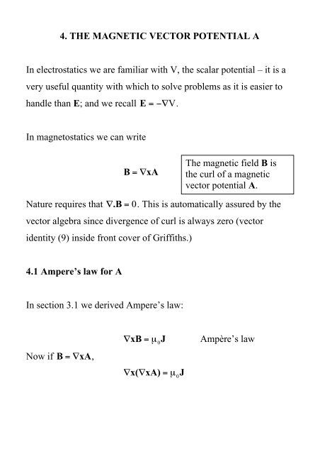 4. THE MAGNETIC VECTOR POTENTIAL A In electrostatics ... - Intalek