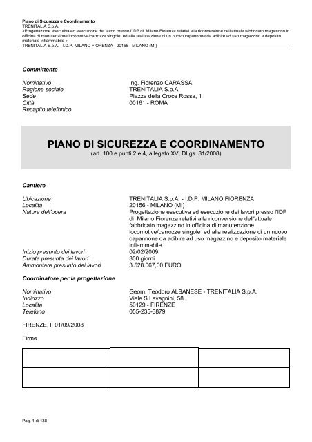 PIANO DI SICUREZZA E COORDINAMENTO - Gare di Trenitalia