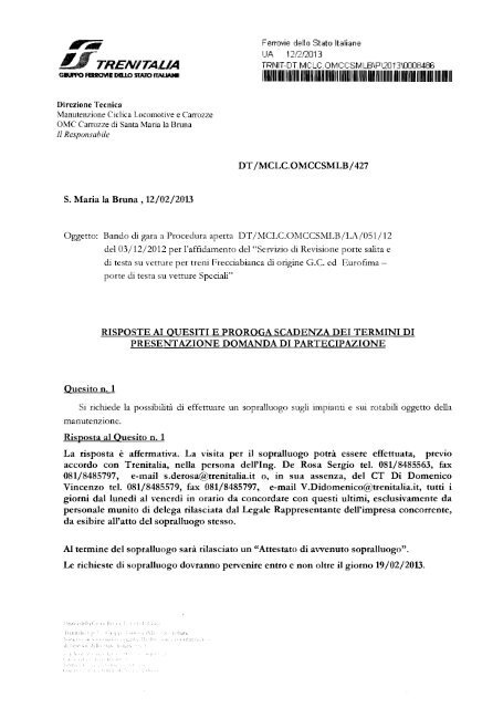 risposte ai quesiti e proroga scadenza dei termini ... - Gare di Trenitalia