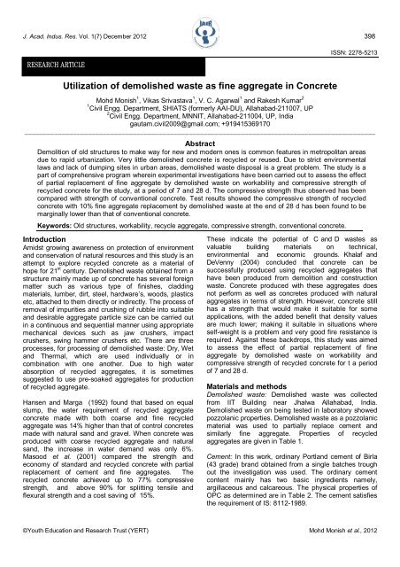 Utilization of demolished waste as fine aggregate in Concrete