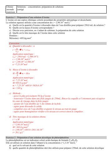 Chimie seconde exercices Solutions â concentration ... - S. Tatulli