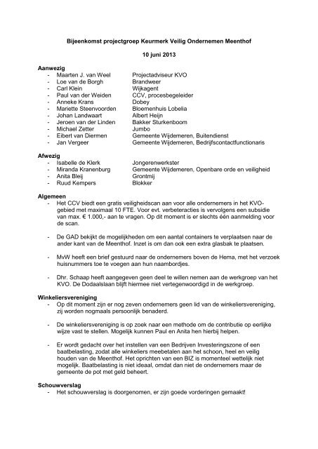 Verslag projectgroep KVO 10 juni 2013 - Gemeente Wijdemeren