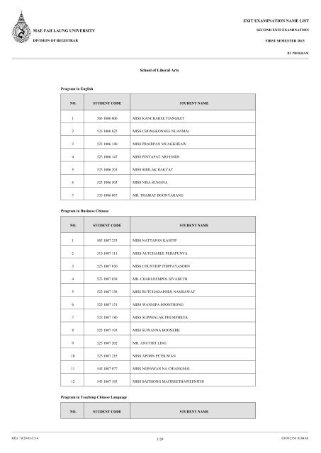 MAE FAH LAUNG UNIVERSITY EXIT EXAMINATION NAME LIST ...