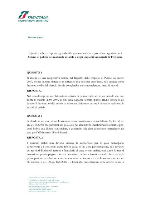 Quesiti e relative risposte riguardanti la gara ... - Gare di Trenitalia