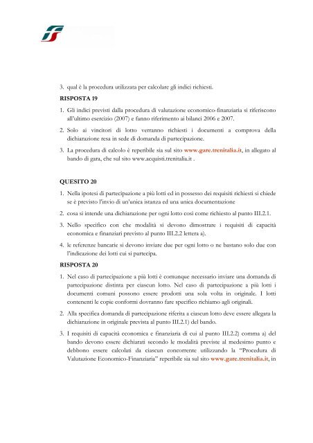 Quesiti e relative risposte riguardanti la gara ... - Gare di Trenitalia