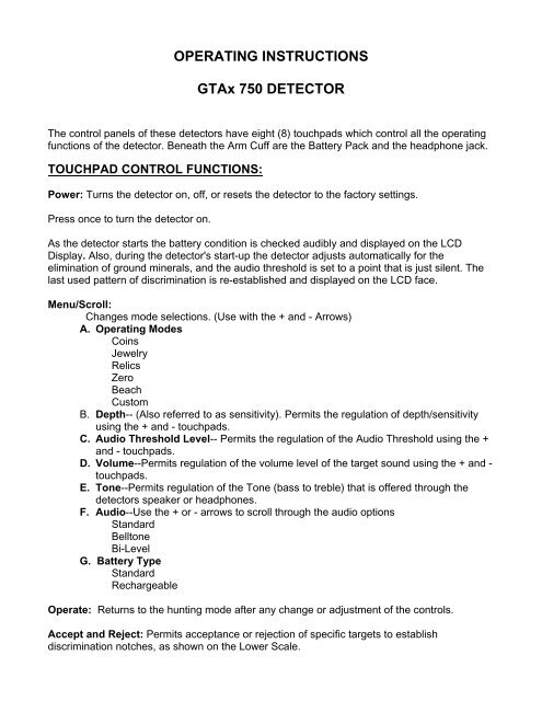 OPERATING INSTRUCTIONS GTAx 750 DETECTOR - Garrett