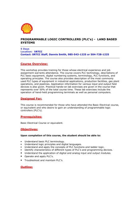 PROGRAMMABLE LOGIC CONTROLLERS (PLC's) - LAND BASED ...