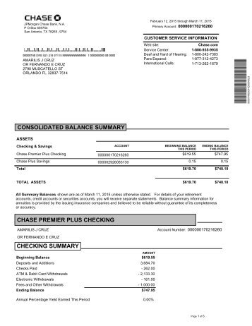 CONSOLIDATED BALANCE SUMMARY CHASE PREMIER PLUS CHECKING CHECKING SUMMARY