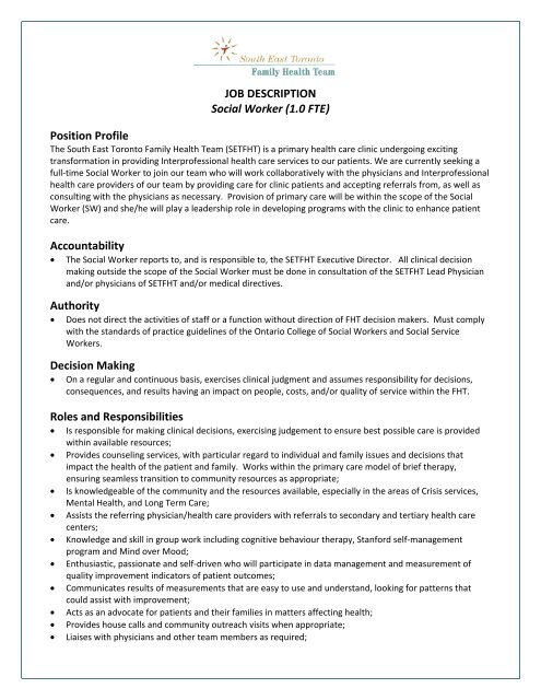 JOB DESCRIPTION Social Worker (1.0 FTE) - South East Toronto ...