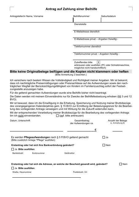 Antrag auf Zahlung einer Beihilfe Bitte keine  LBV NRW