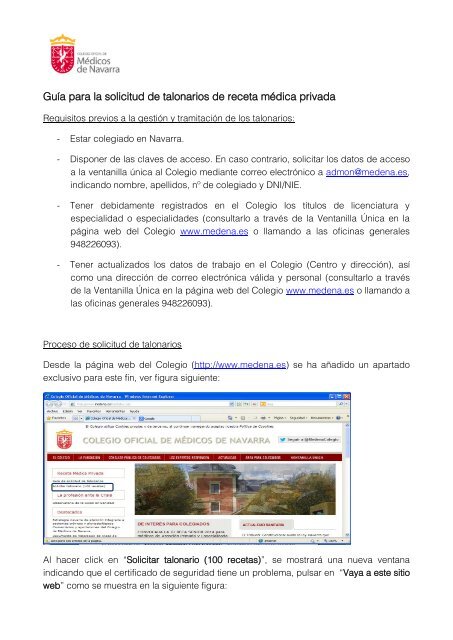 Guía de solicitud de talonarios - Colegio oficial de Medicos de Navarra