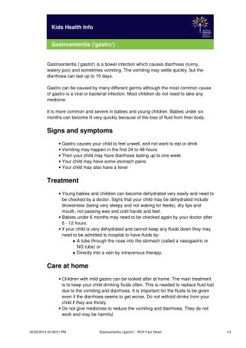 Gastroenteritis ('gastro') - RCH Fact Sheet