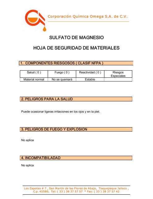 SULFATO DE MAGNESIO HOJA DE SEGURIDAD DE MATERIALES