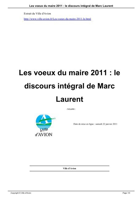 Les Voeux Du Maire 2011 Le Discours Inta C Gral De Marc Laurent Avion