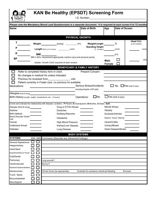 KAN Be Healthy (EPSDT) Screening Form