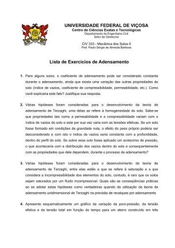 Lista de exercícios de Adensamento - Departamento de Engenharia ...