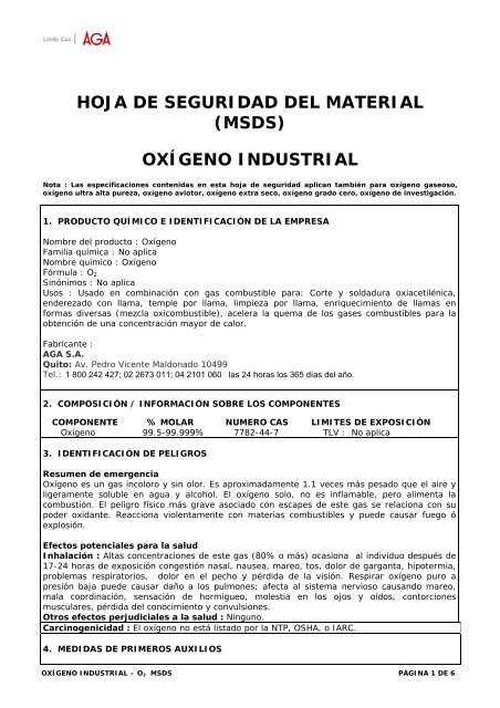 hoja de seguridad del material (msds) oxÃ­geno industrial