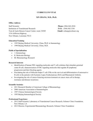 CURRICULUM VITAE XIN ZHANG, M.D., Ph.D. Office ... - Ochsner.org