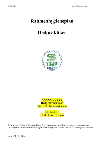 Rahmenhygieneplan Heilpraktiker XXXXX YYYYY ... - Paracelsus