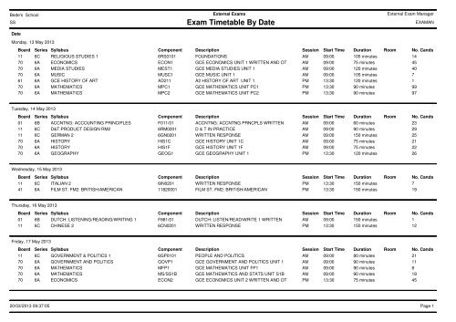 Exam Timetable By Date - St Bede's School