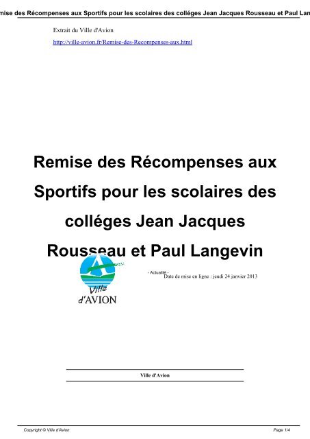 Remise des RÃ©compenses aux Sportifs pour les scolaires ... - Avion