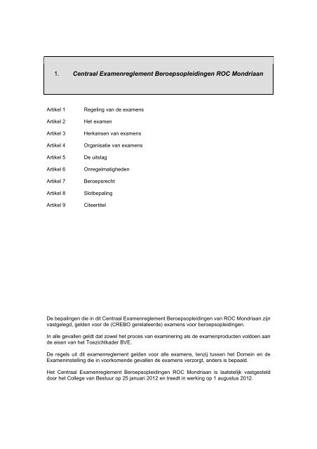 1. Centraal Examenreglement Beroepsopleidingen ROC Mondriaan