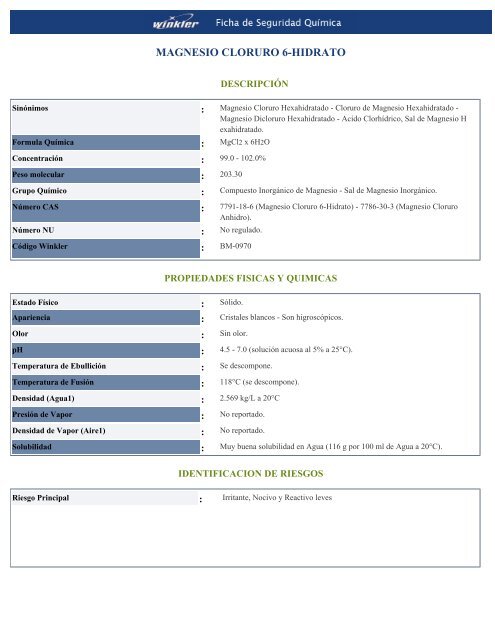 MAGNESIO CLORURO 6-HIDRATO