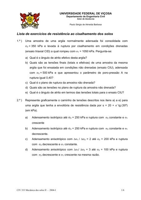 Lista de exercícios de resistência ao cisalhamento dos solos