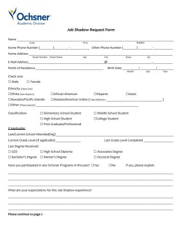 Job Shadow Request Form - Ochsner Academics - Ochsner.org