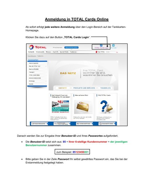 Erstanmeldung in TOTAL Cards Online