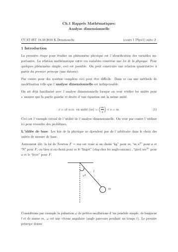 Ch.1 Rappels Mathématiques: Analyse dimensionnelle 1 Introduction