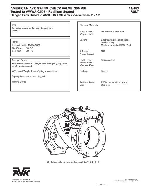 AMERICAN AVK SWING CHECK VALVE, 250 PSI 41 ... - rymca.com