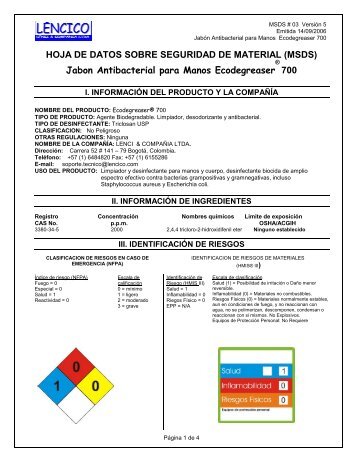 (MSDS) Jabon Antibacterial para Manos Ecodegreaser 700