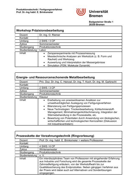Universität Bremen Lehrveranstaltungen Master - IWT Bremen