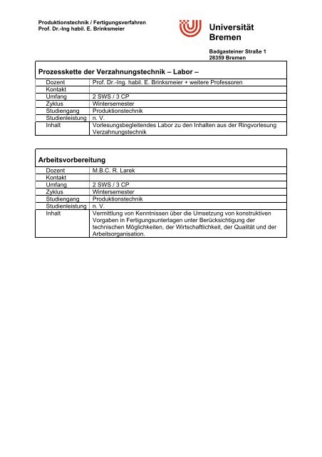 Universität Bremen Lehrveranstaltungen Master - IWT Bremen