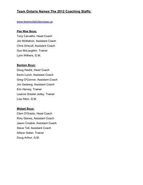 Team Ontario Names The 2012 Coaching Staffs: - Ontario Lacrosse ...