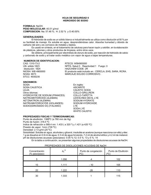 HOJA DE SEGURIDAD II HIDROXIDO DE SODIO FORMULA: NaOH ...