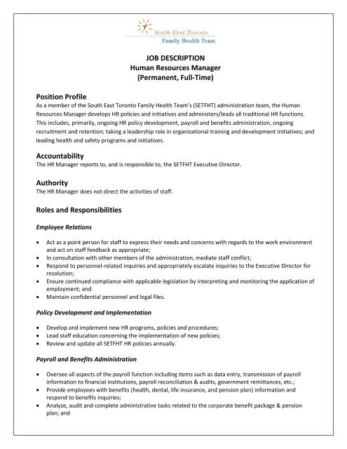 JOB DESCRIPTION Human Resources Manager - South East ...