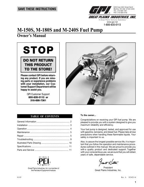 GPI M-150S Fuel Transfer Pump Manual PDF - Instrumart