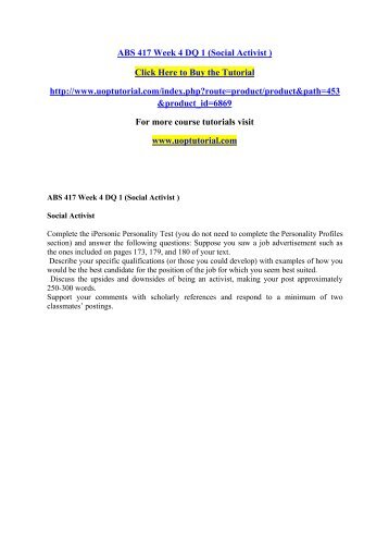 ABS 417 Week 4 DQ 1 (Social Activist )  /Uoptutorial 